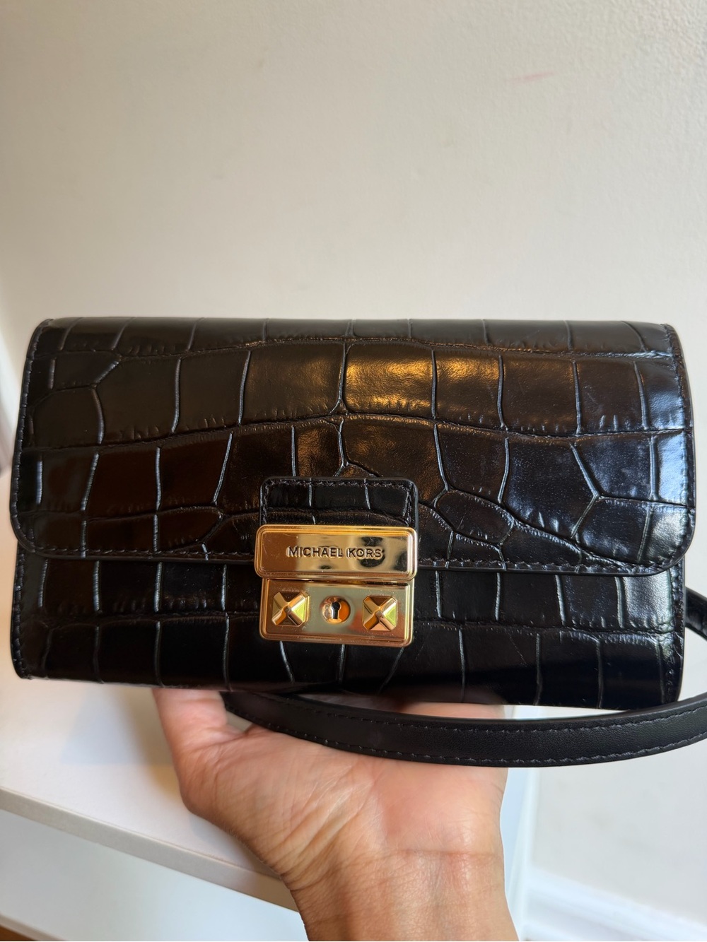 Michael Kors Black Croc-Embossed Crossbody with Gold Lock